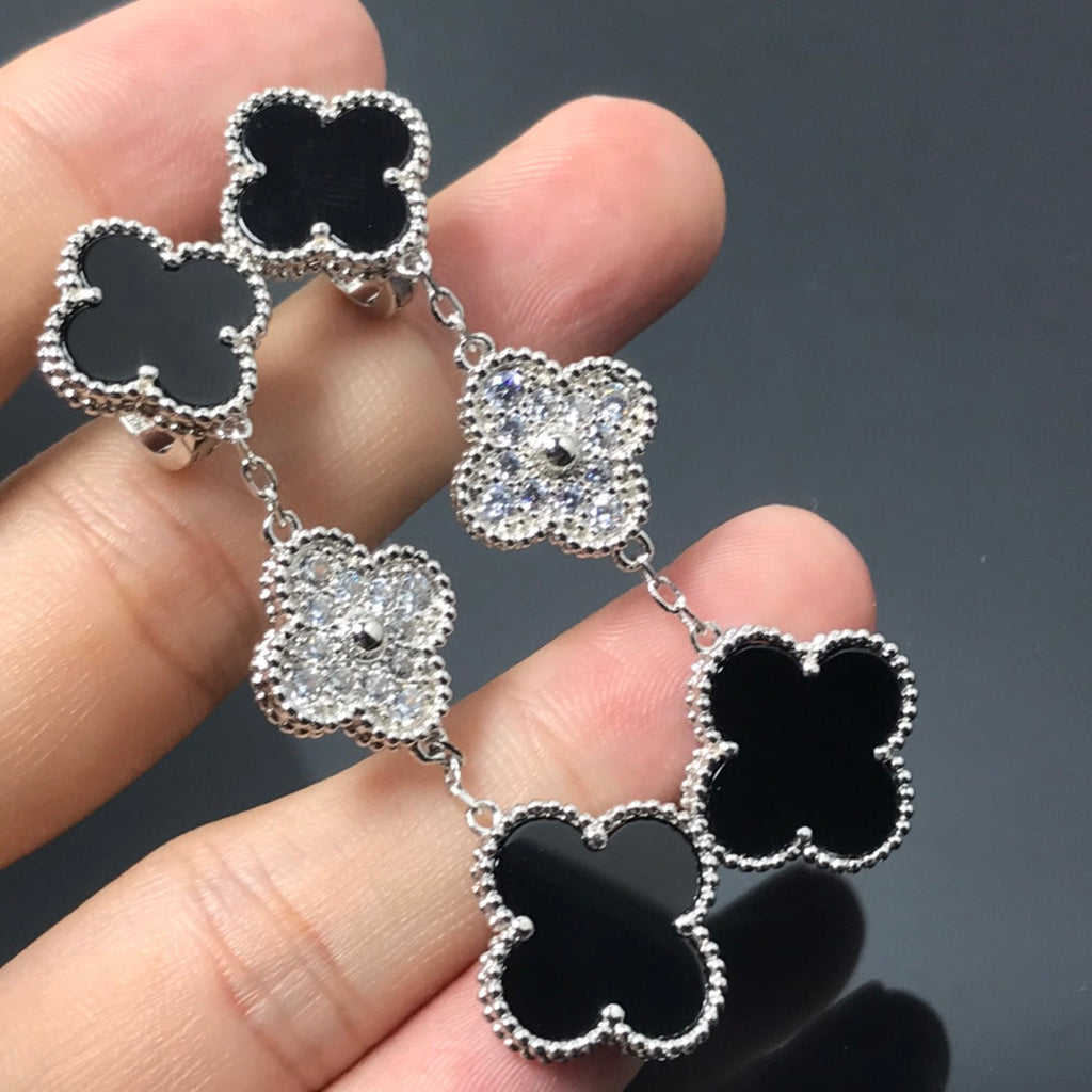 Lumi® Kleeblatt-Ohrringe mit 3 Motiven aus Diamant und Onyx, Silber