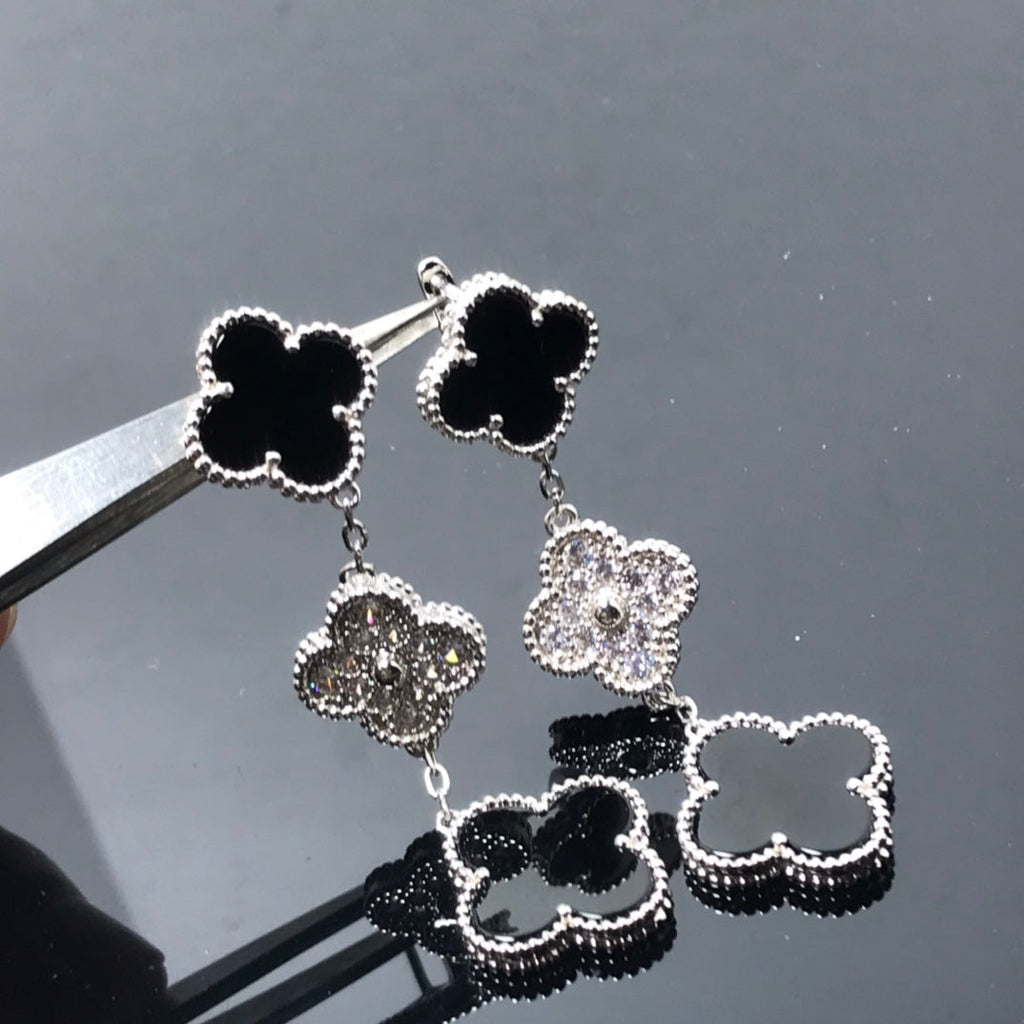 Lumi® Kleeblatt-Ohrringe mit 3 Motiven aus Diamant und Onyx, Silber