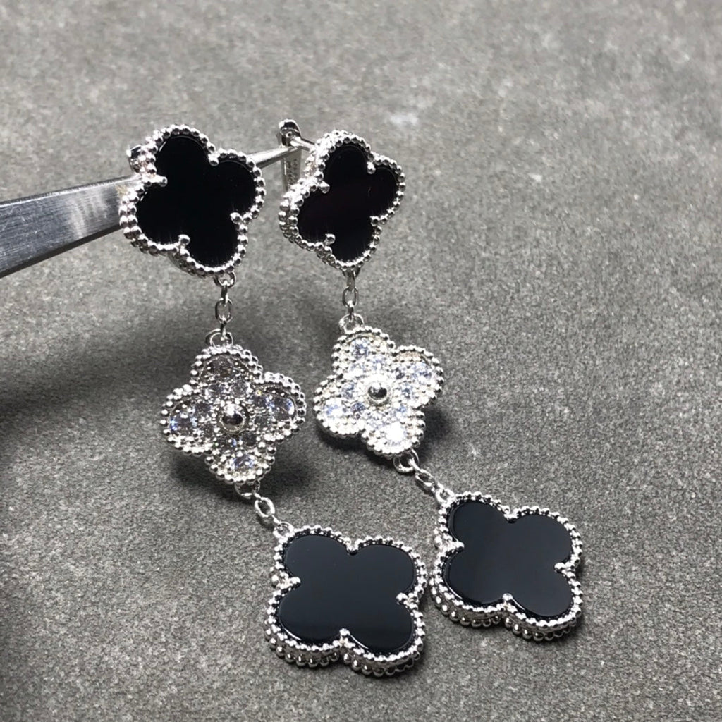 Lumi® Kleeblatt-Ohrringe mit 3 Motiven aus Diamant und Onyx, Silber