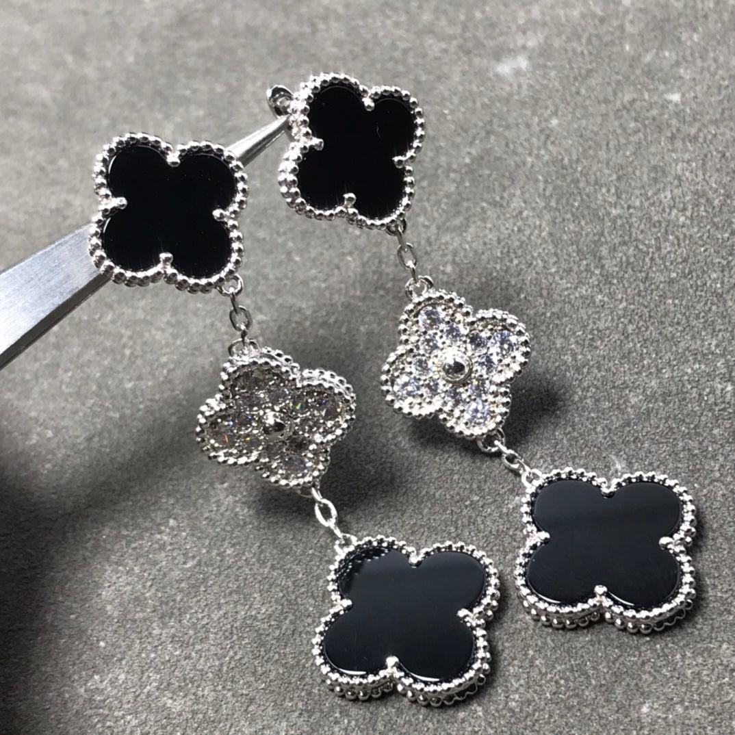 Lumi® Kleeblatt-Ohrringe mit 3 Motiven aus Diamant und Onyx, Silber