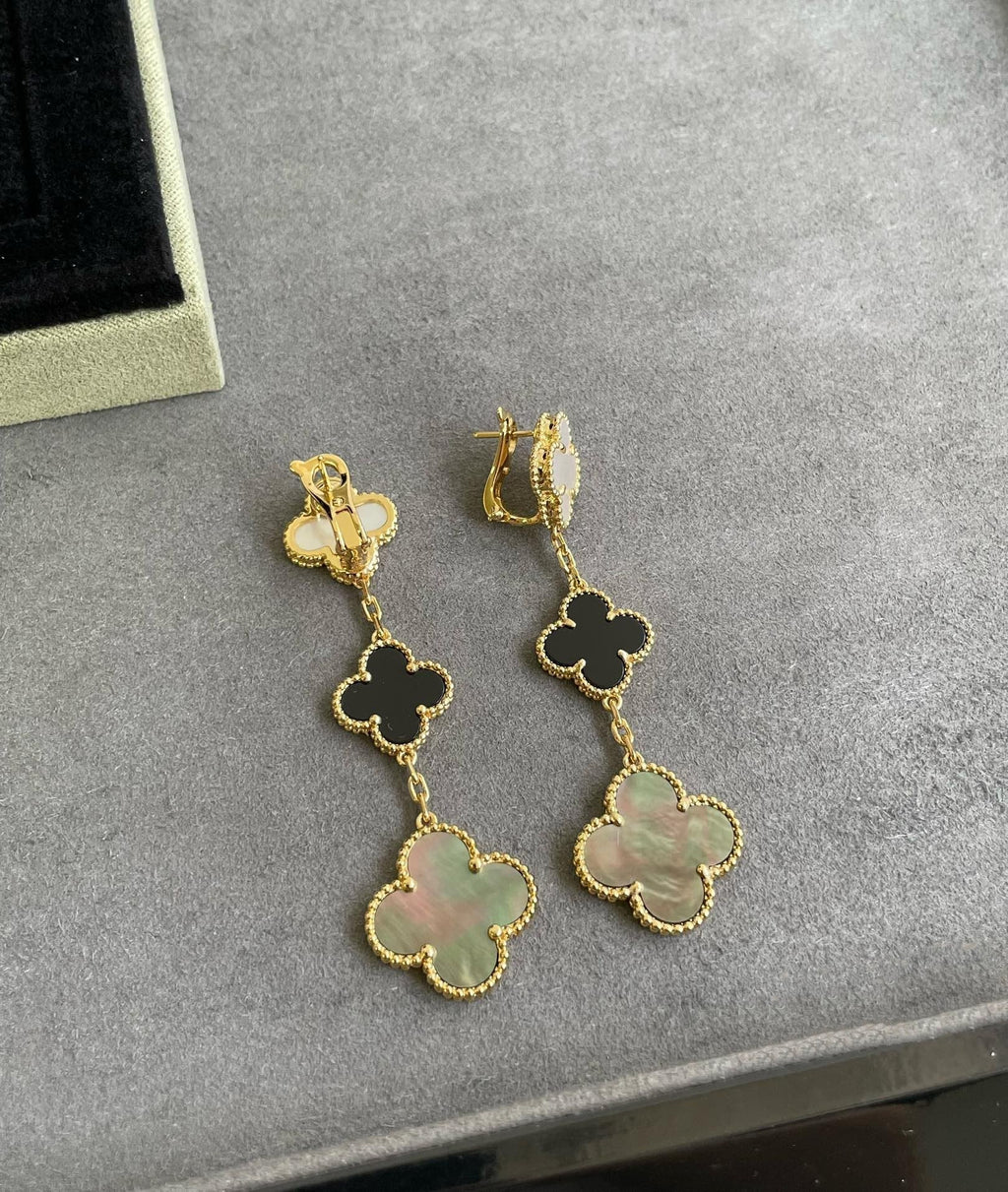 Lumi® CLOVER 3 MOTIF MOP ONYX DARK MOP PINK GOLD EARRINGS
