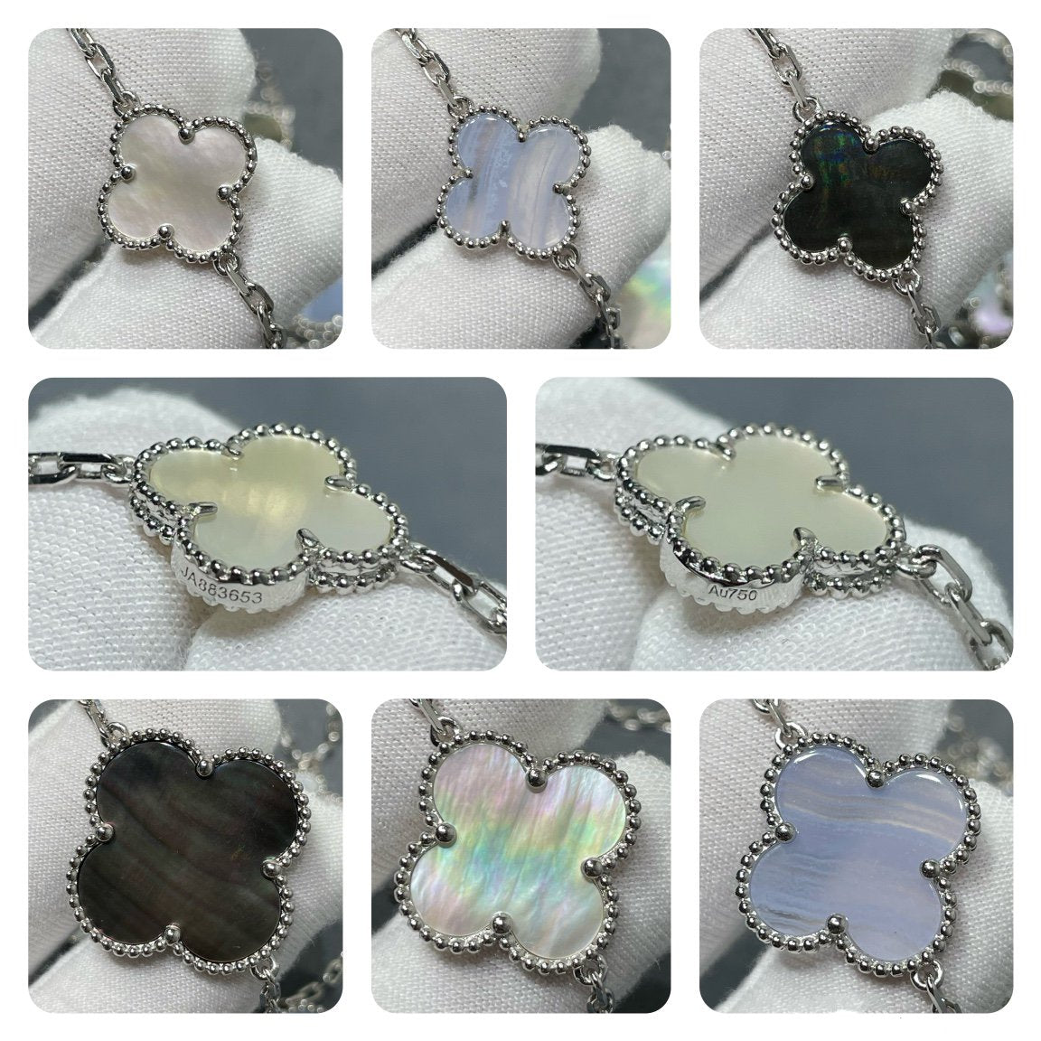 Lumi® Kleeblatt-Halskette mit 16 Motiven aus Chalcedon und Perlmutt