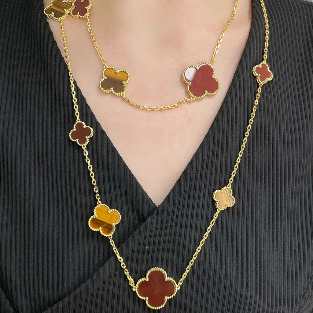 Lumi® CLOVER 16 MOTIF CARNELIAN TIGER EYE ROSE GOLD NECKLACE